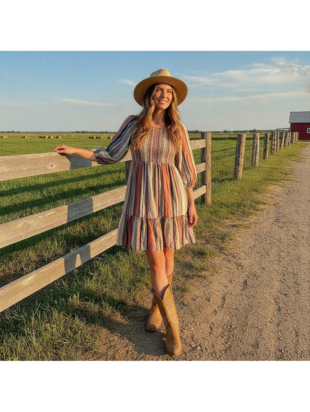 1090 - Kate & Sam Striped Smocked Puff Sleeve Dress Boho Midi - New - Large